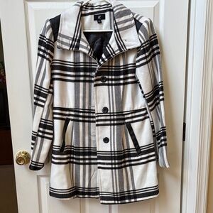 IZ Byer Plaid Pea Coat in Black and Cream